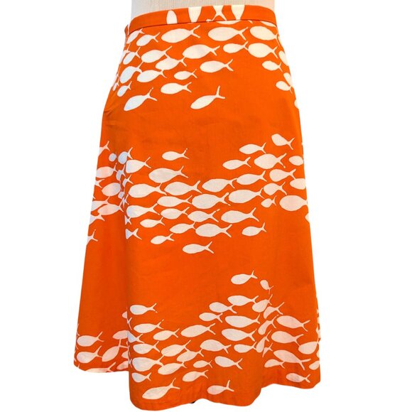 J Crew Womens Sz 2 Orange White Allover School Of Fish 100% Cotton A-Line Skirt - Picture 3 of 7
